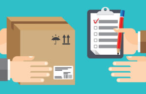 delivery service receiving package from hand vector